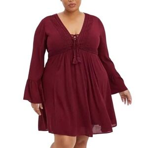 Torrid Burgundy Mini Gauze Lace-Up Long Sleeve Skater Dress Size 3 Boho Holiday